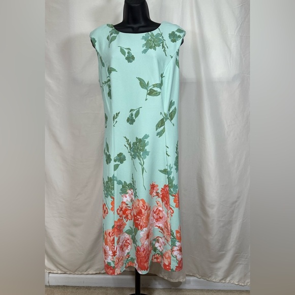 London Times Woman Dress sz14w Sleeveless Green & Peach Floral Cottagecore Curvy - Picture 1 of 6